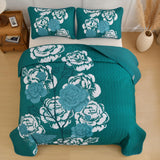 Quilt Set Queen Size, 3 Pieces Teal Floral Bedspread Coverlet Set