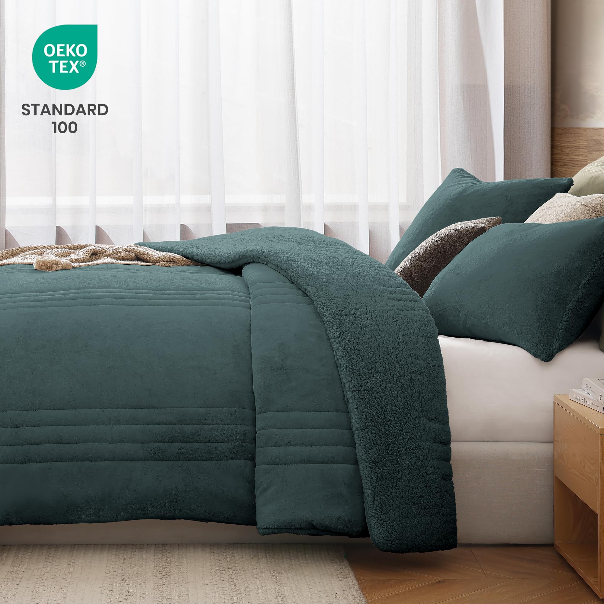 Monbix Fluffy Queen Comforter Set – 3 Piece Cozy Sherpa Comforter Queen Size Teal, Winter Warm Fleece Bedding Set, Luxury Coco Plush Winter Fuzzy Bed Set, 1 Comforter with 2 Pillowcases
