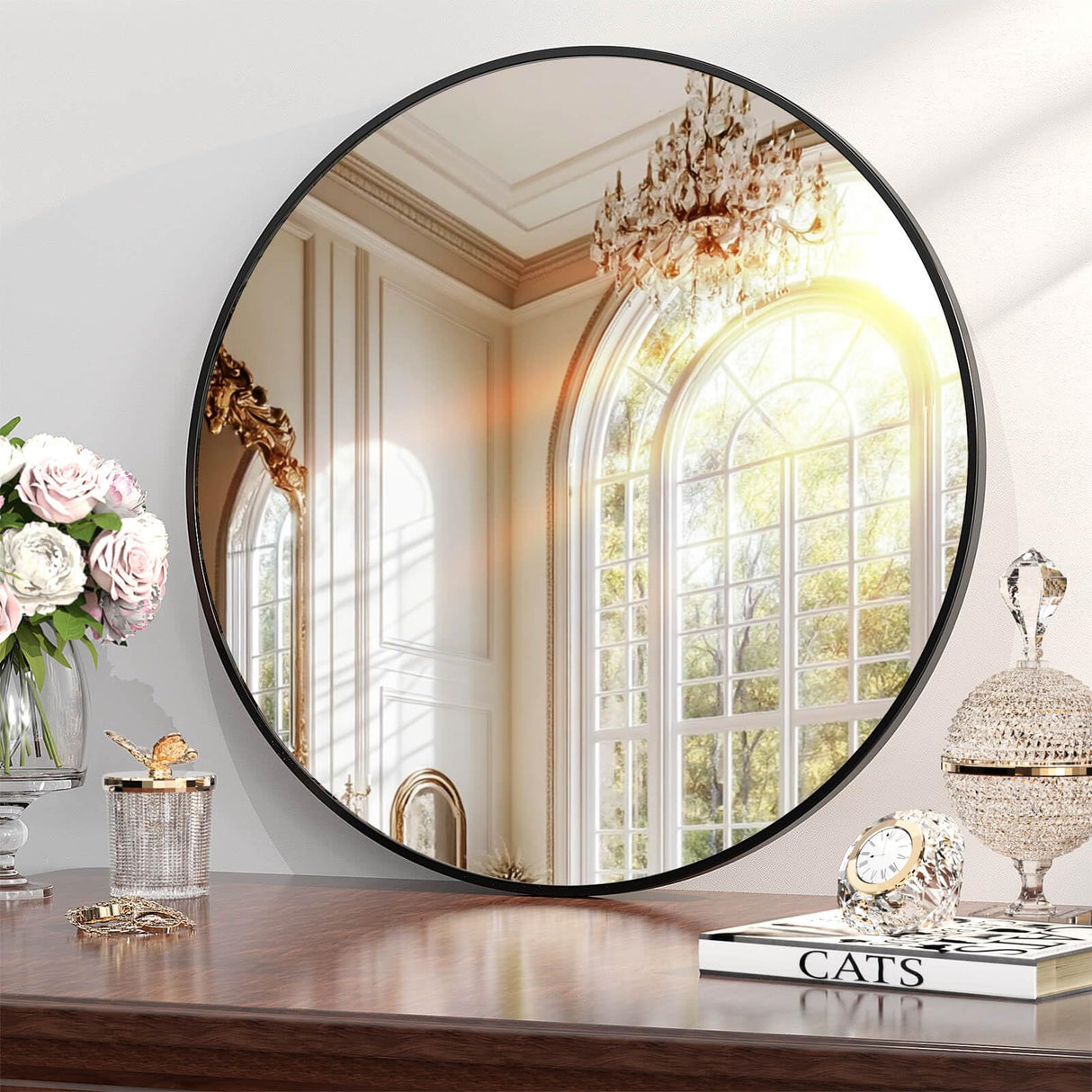 30 Inch Black Round Bathroom Mirror - Modern Metal Frame Wall Mirror