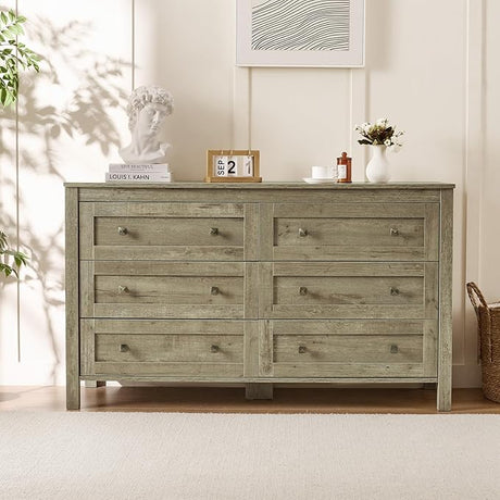 Wood Dresser for Bedroom, 6 Drawer Dresser Organizer, Chest of Drawers, Stylish Storage Dresser for Living Room