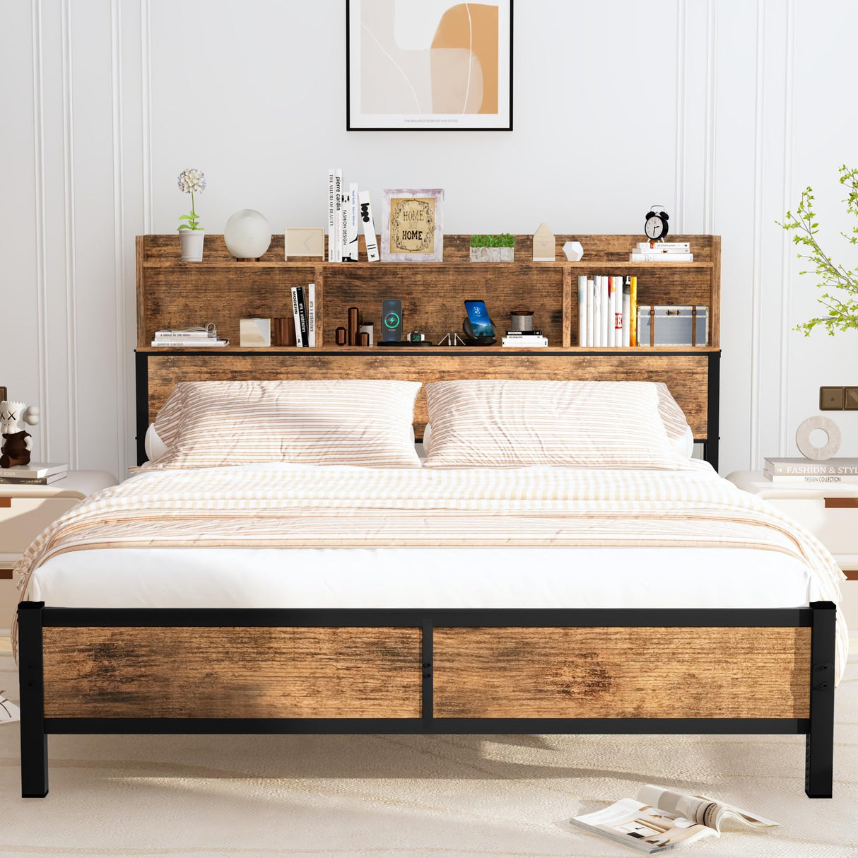 Lamerge Queen Bed Frame with Storage Headboard and Charging Station