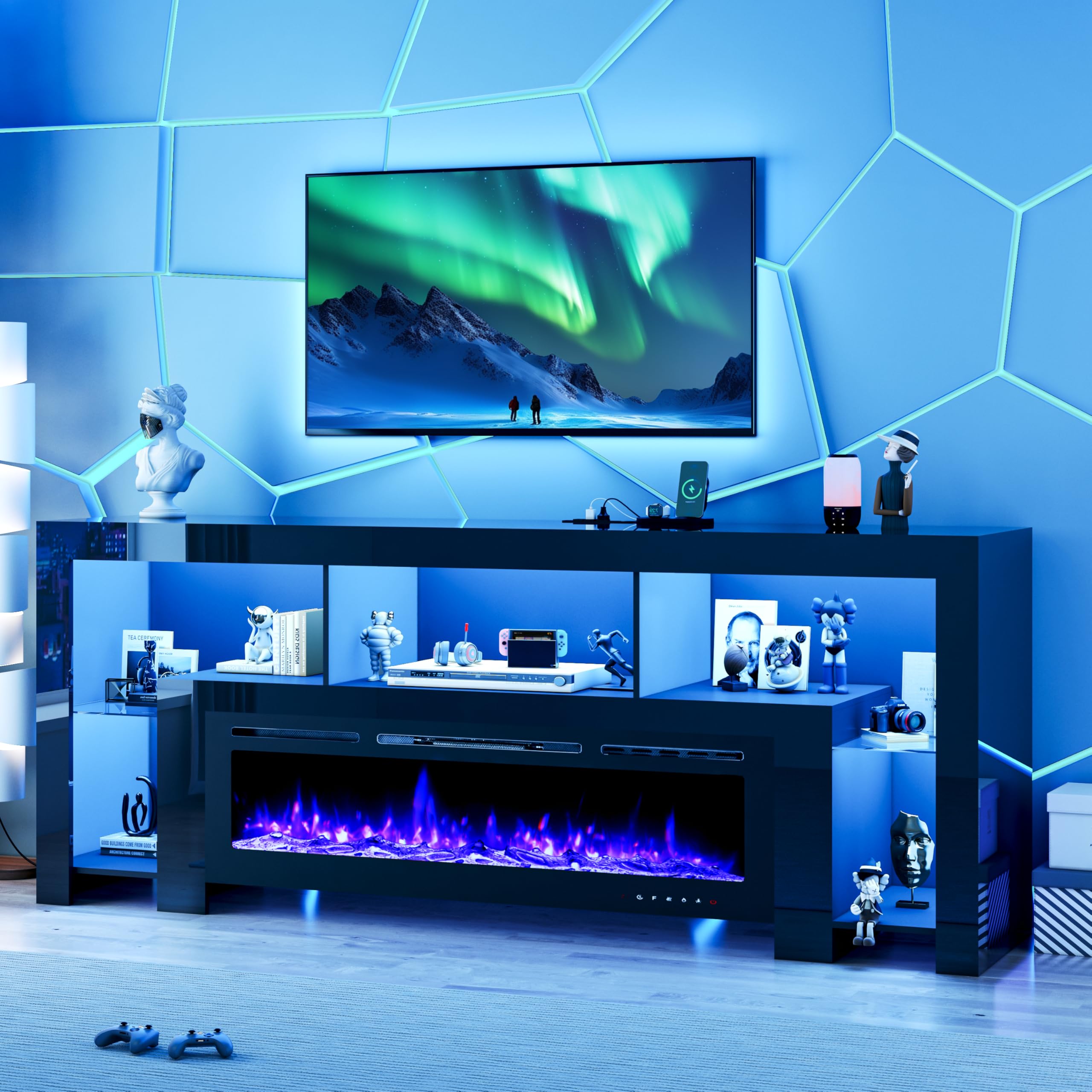 94.5" Fireplace TV Stand with LED Lighting & Charging Station