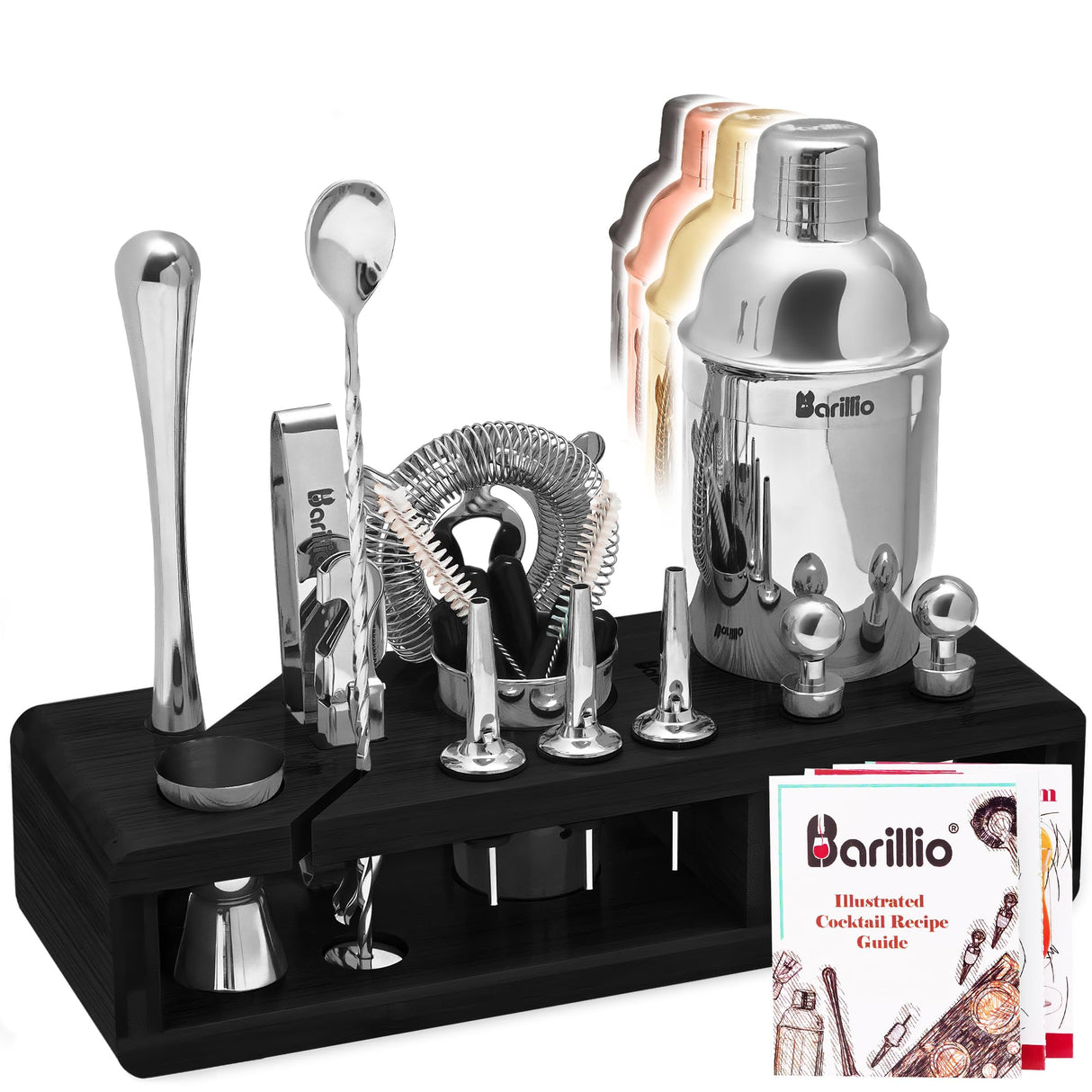 Silver Bartender Kit - Stainless-Steel Cocktail Shaker Set w/Black Bamboo Stand