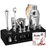 Silver Bartender Kit - Stainless-Steel Cocktail Shaker Set w/Black Bamboo Stand