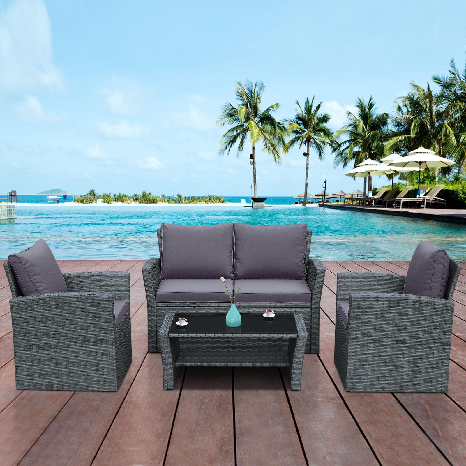 4 PCS Wicker Patio Furniture Set with Soft Cushions & Tempered Glass Table