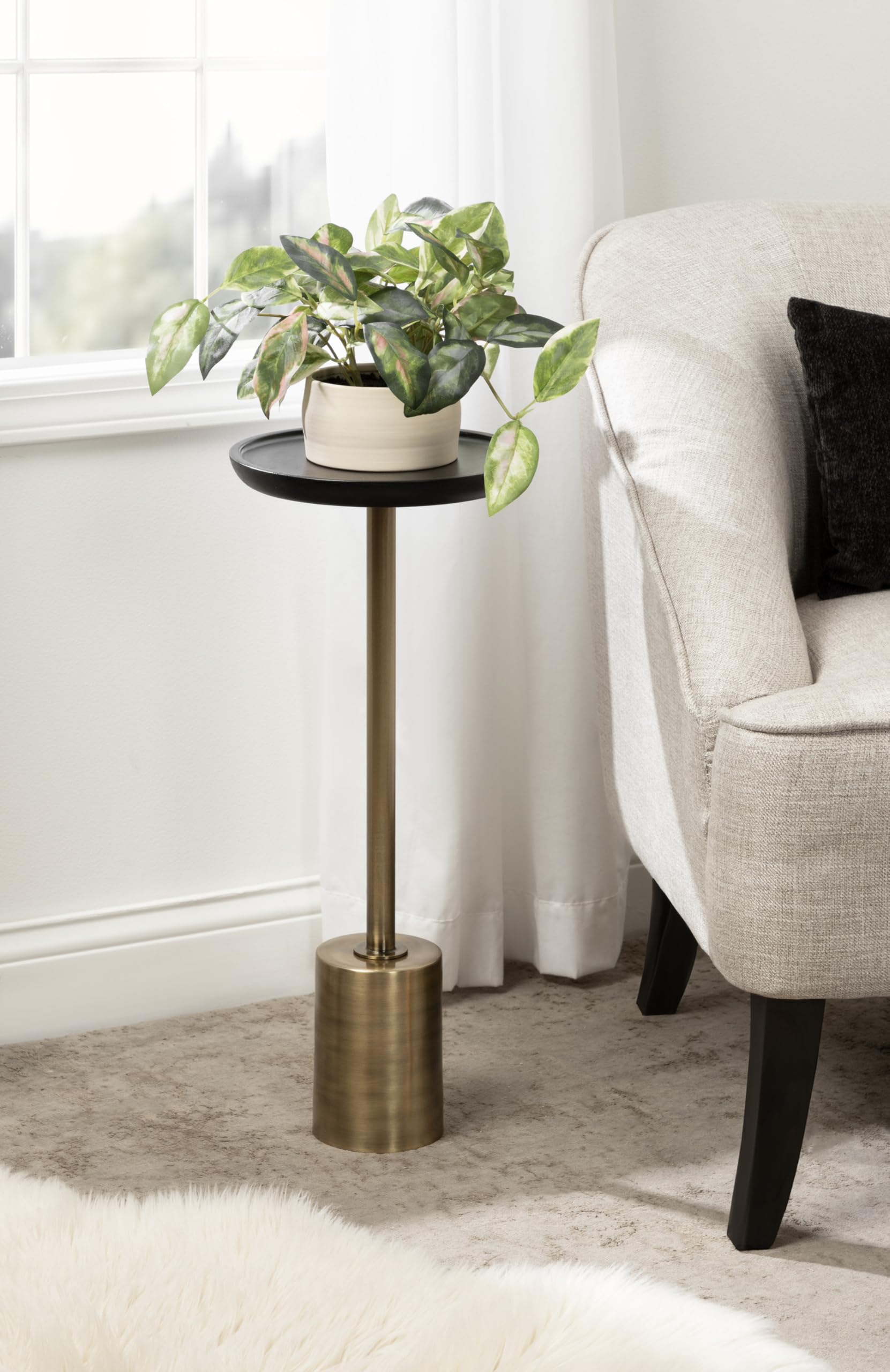 Xyler Transitional Round Wood and Metal Drink Table for Use as Plant Pedestal