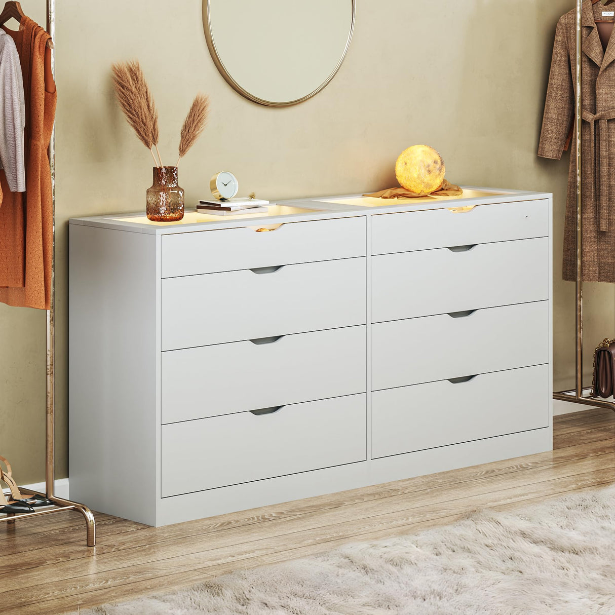 8 Drawer Dresser for Bedroom, White Dresser for Bedroom with LED, 55.1''W Chest of Drawers