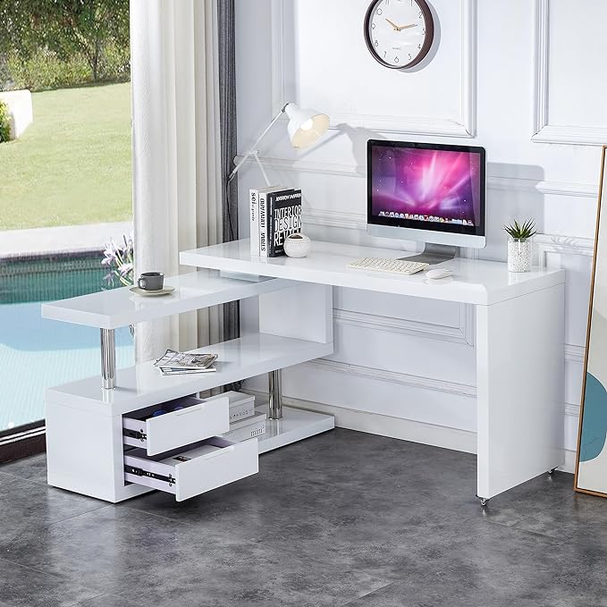 L Shaped Office Desk, Modern Rotating Corner Computer Desk