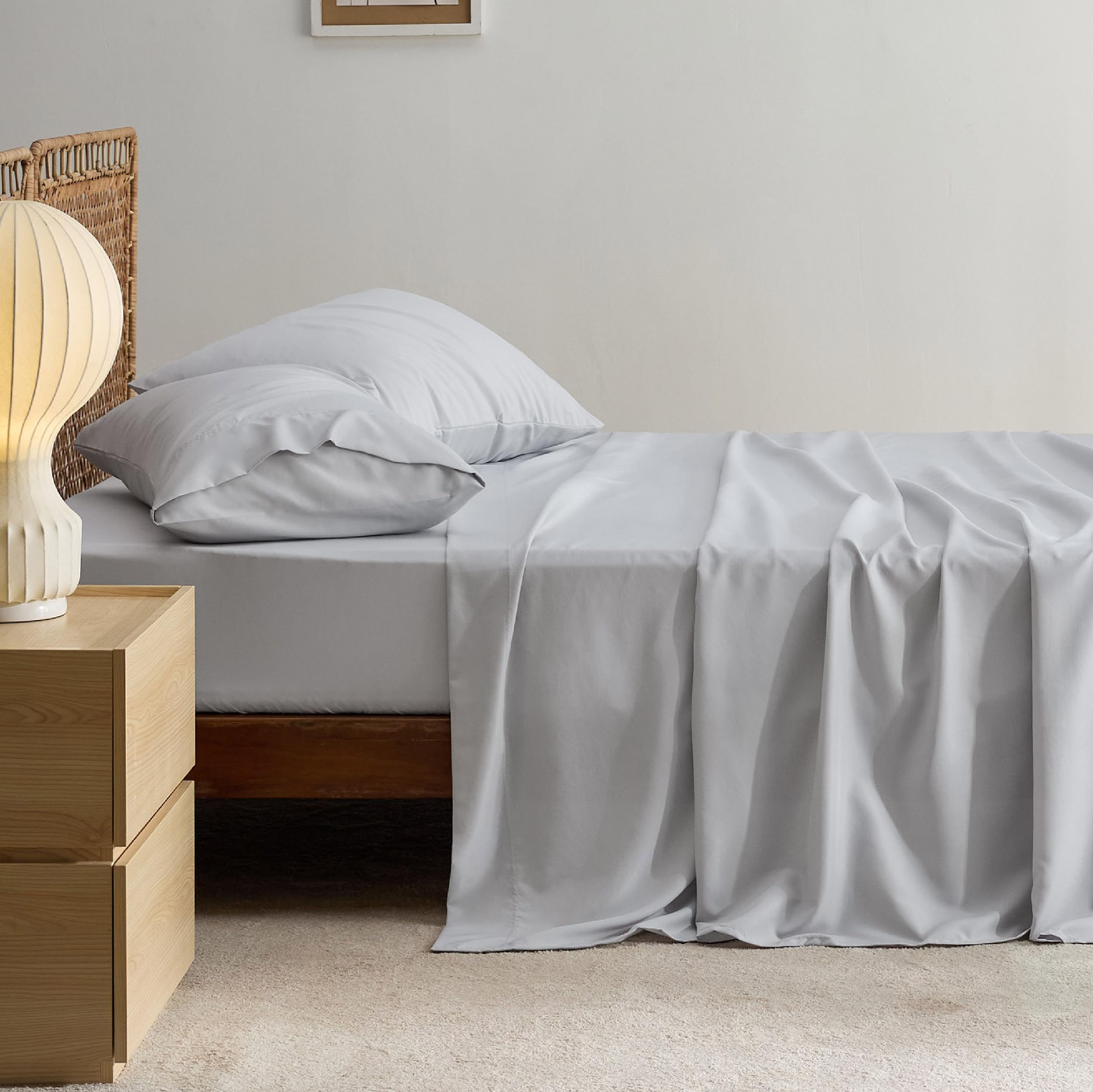 Bedsure Cooling Sheets for Queen Size Bed Set, Polyester & Rayon Derived from Bamboo, Breathable & Wrinkle Free, Silky Soft with 16 Inch Deep Pocket Bed Sheets - Light Grey