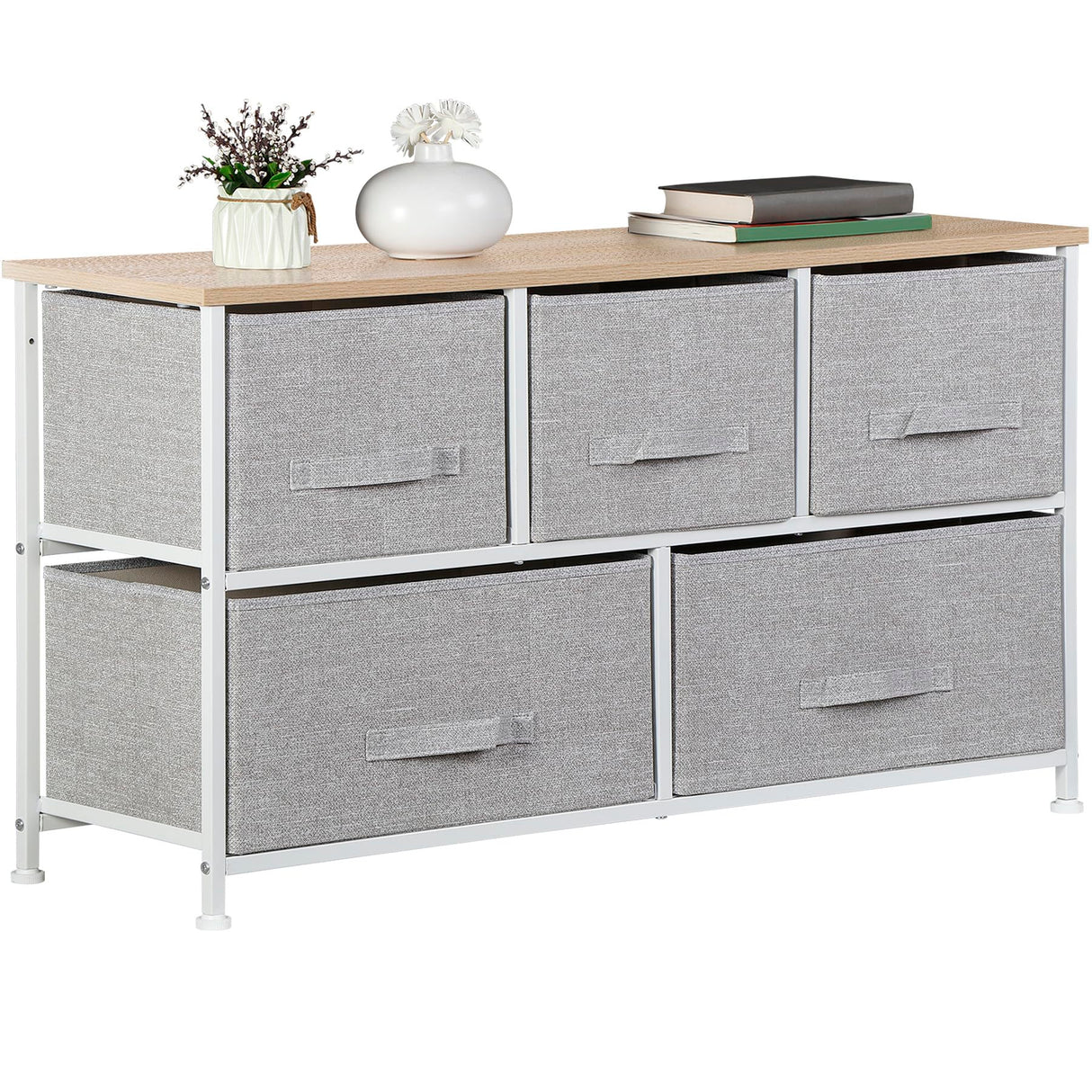 SUPER DEAL 5 Drawer Dresser for Bedroom Fabric Chest of Drawers for Closet Wide Clothes Storage Organizer with Heavy Duty Steel Frame and Wood Top, Light Grey