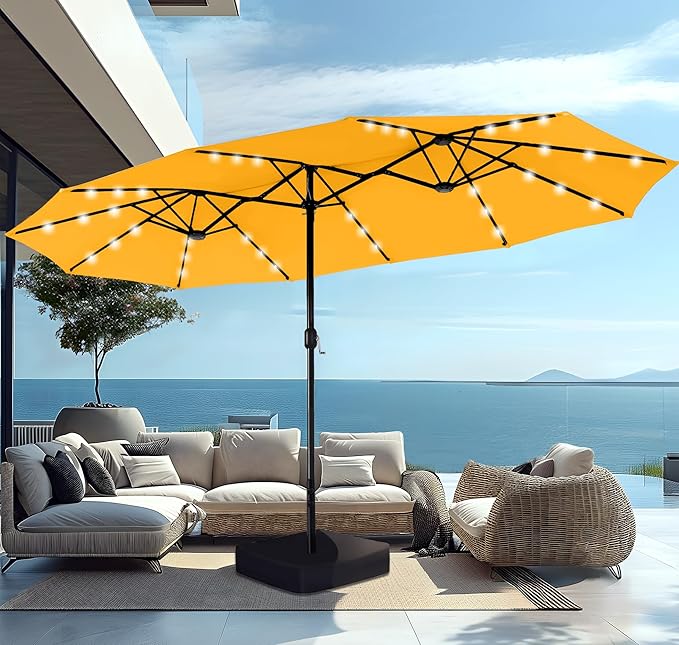 15ft Large Patio Umbrella with Base & Solar Lights, Double-Sided Outdoor Rectangle Umbrellas