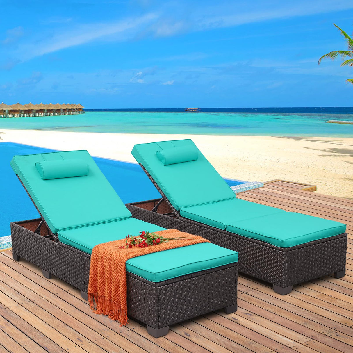 Brown Wicker Patio Chaise Lounge Chairs Set of 2 Outdoor Chaise Lounge Pool Lounge Chairs