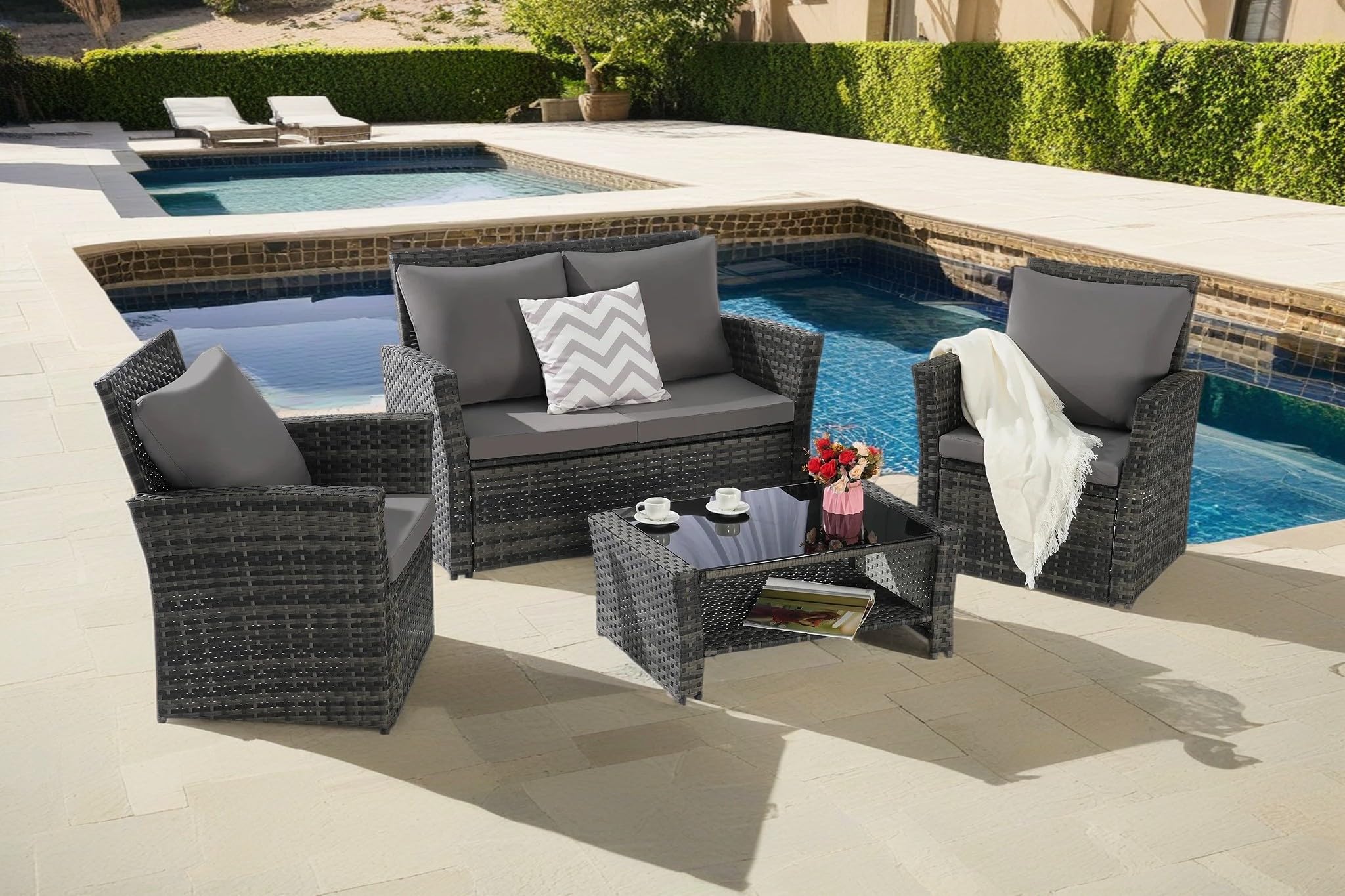 4-Piece Outdoor Patio Furniture Set: Rattan Wicker Chairs, Tempered Glass Coffee Table