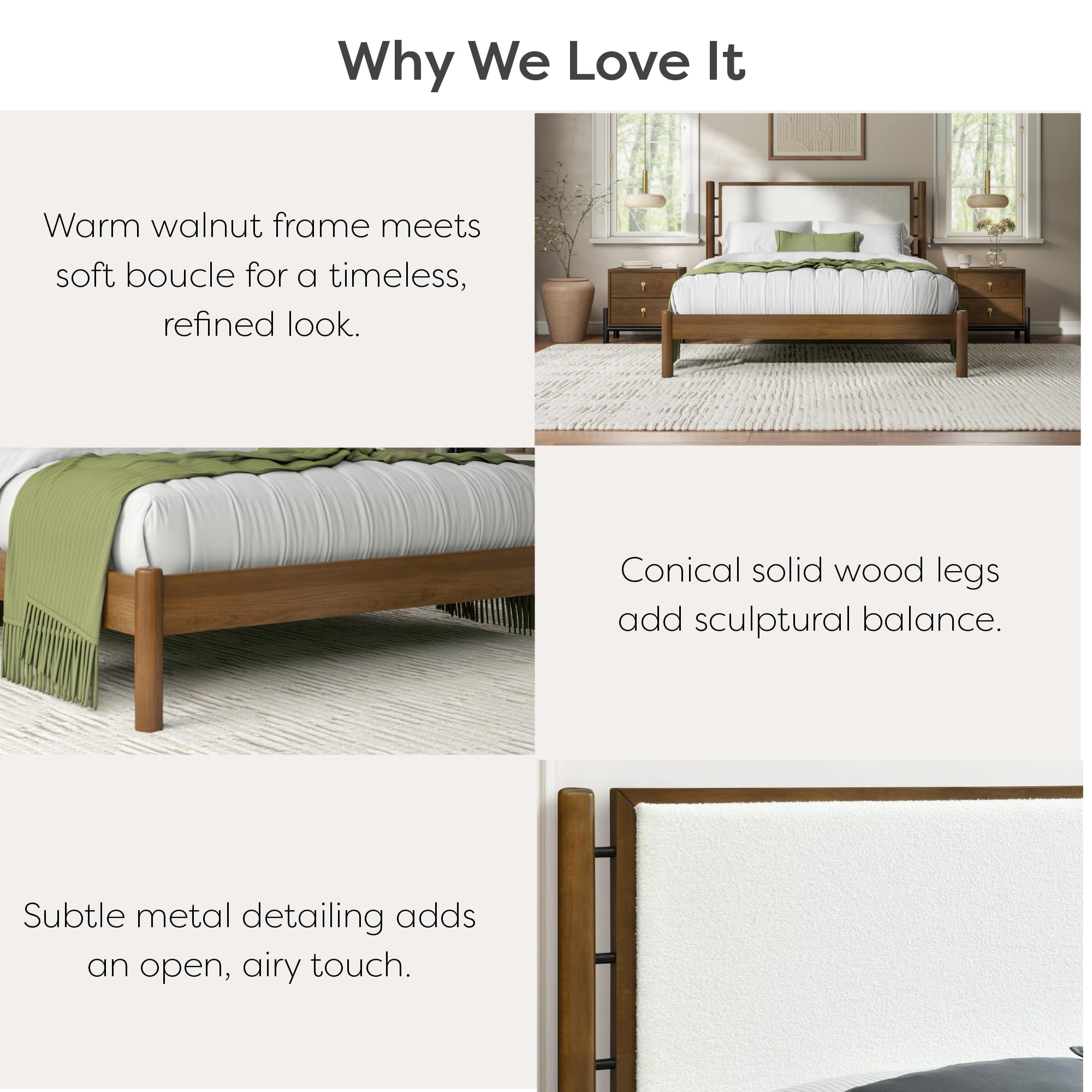 Queen Size Solid Wood Bed Frame with Upholstered Boucle Headboard