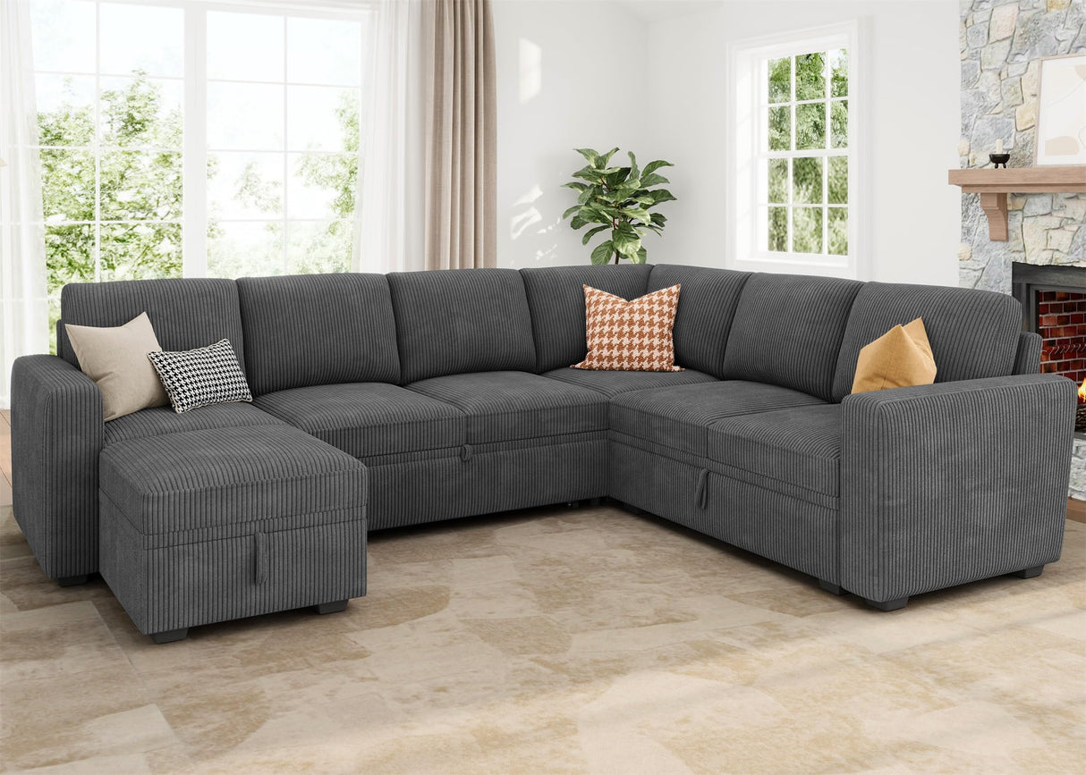 Modular Sectional Couch with Pull Out Bed, Corduroy Sleeper Sofa