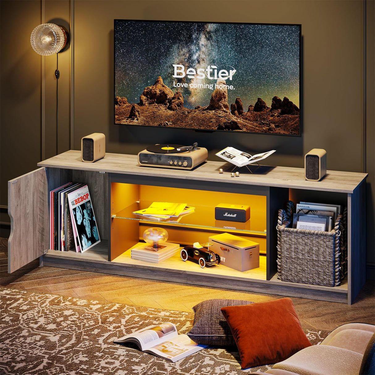 LED TV Stand for PS5,Modern Gaming Entertainment Center with Cabinet for 60/65 Inch TV