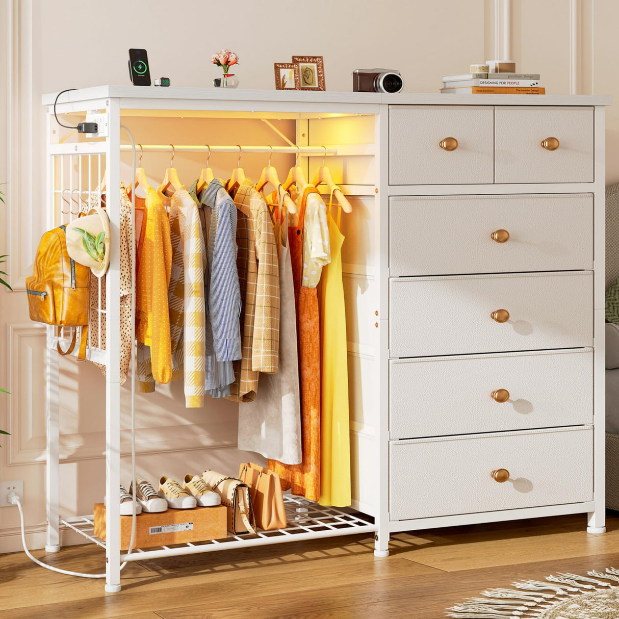 White Dresser for Bedroom with Hanging Rack and LED Lights 6 Drawer Dressers