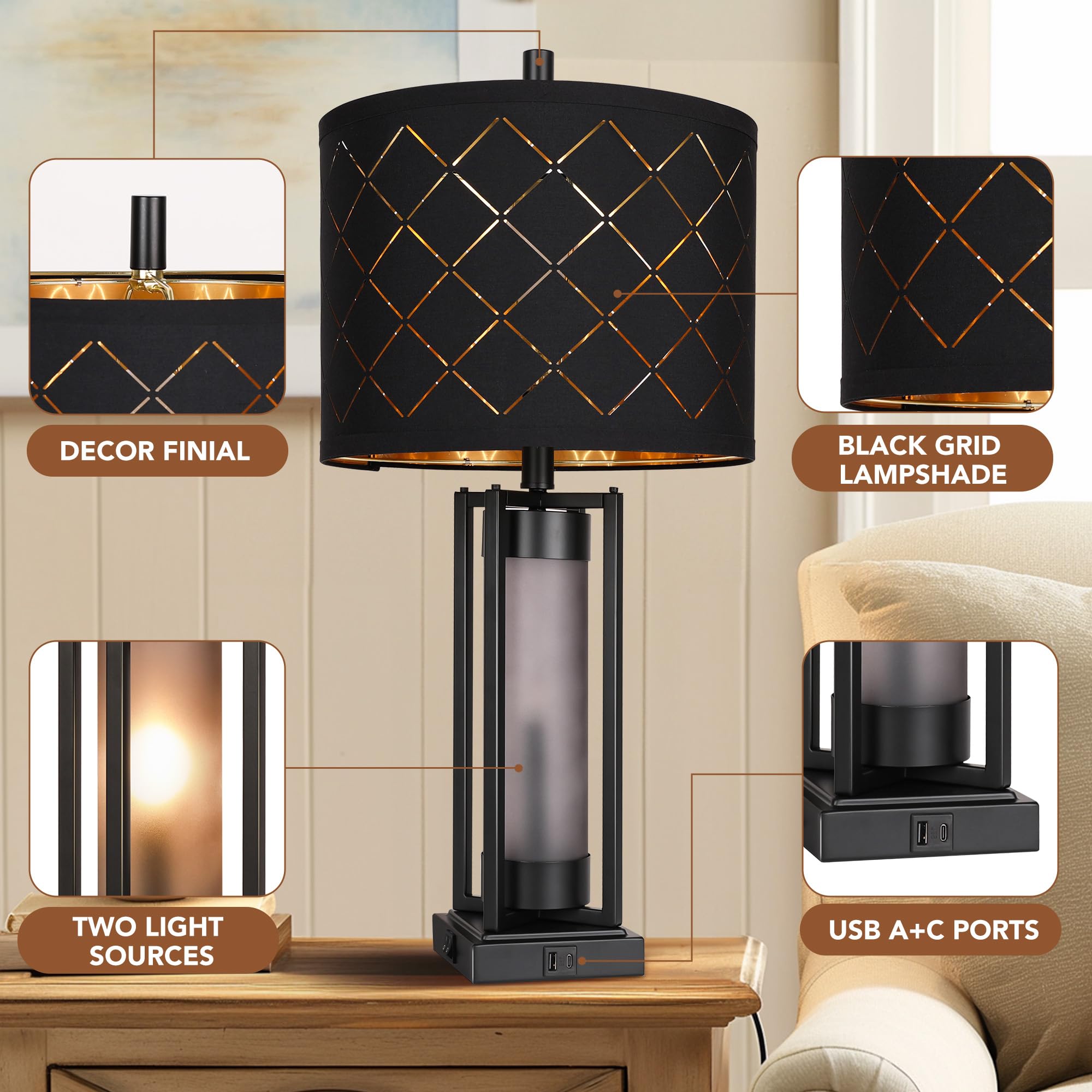 Modern Table Lamp Set of 2 with USB Charging Ports