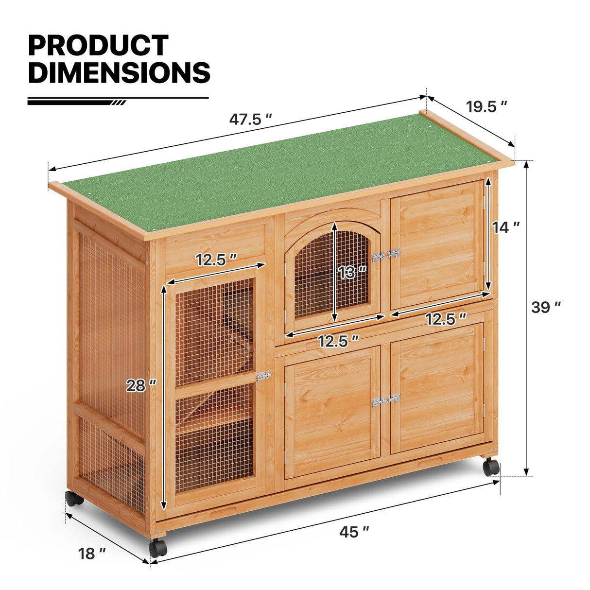 Rabbit Hutch Outdoor Chicken Coop, 47.5" Bunny House Cage on Wheels