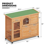 Rabbit Hutch Outdoor Chicken Coop, 47.5" Bunny House Cage on Wheels