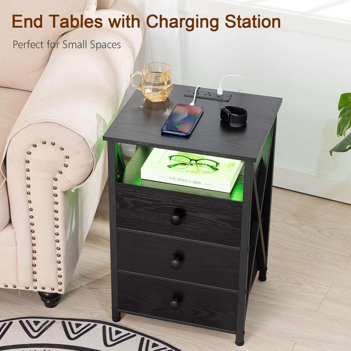 Night Stand Set 2, LED Nightstand with Charging Station, End Side Tables