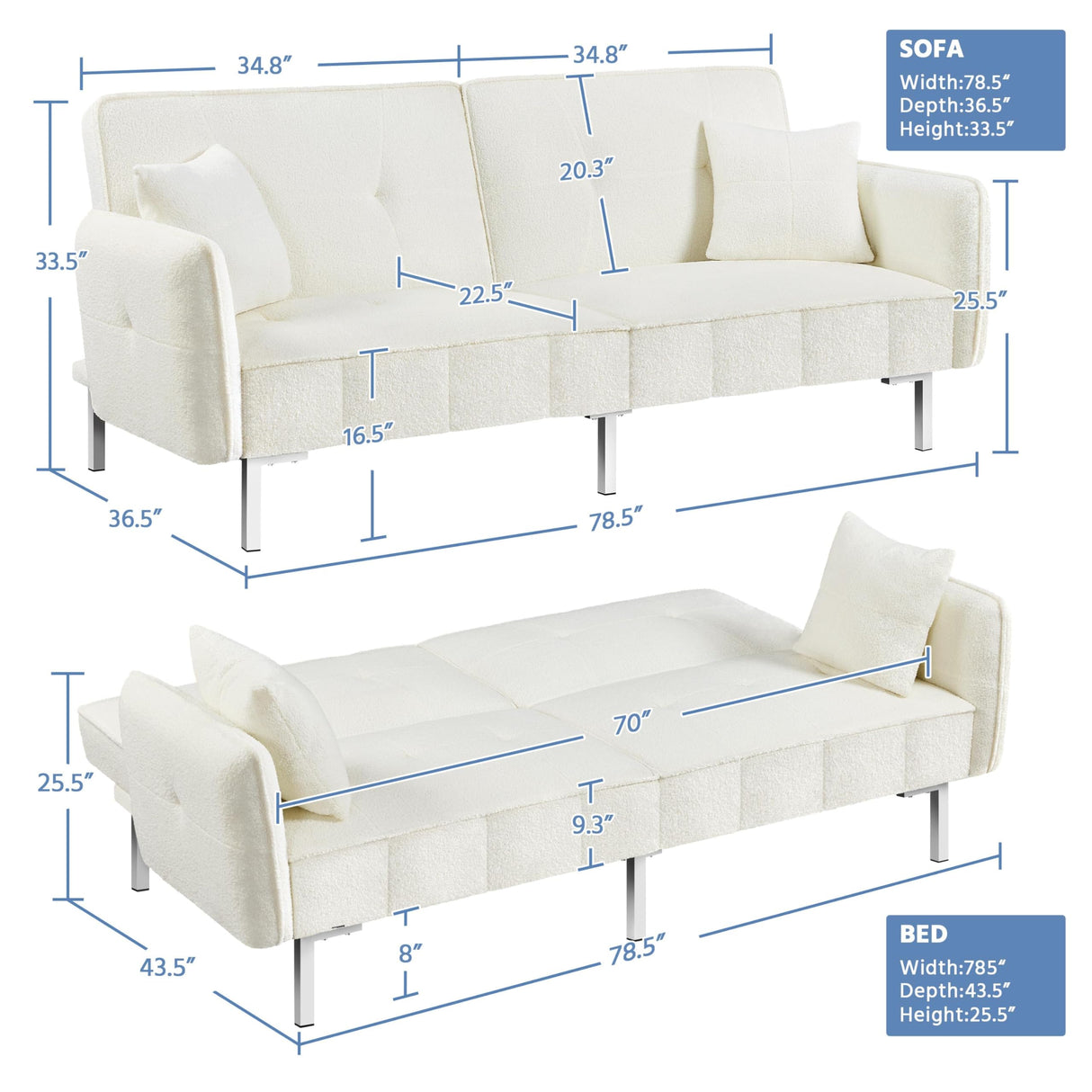 Modern Sofa Bed Convertible Futon with Split-Back Sleeper Bed Recliner