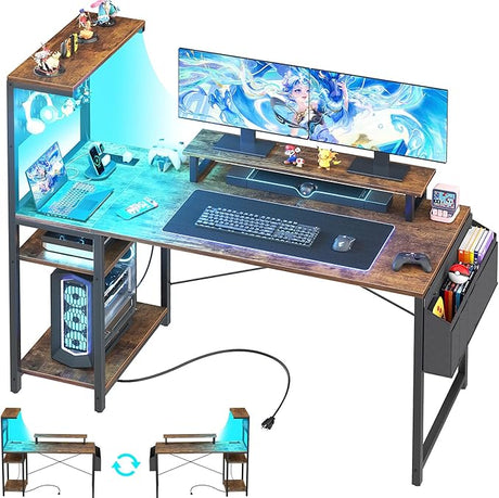 Gaming Desk with Power Outlets & Pegboard & Led Light, 43 Inch Computer Desk with Reversible Storage Shelves & Side Storage Bag, PC Gamer Desk with Hutch & Monitor Stand, Rustic Brown