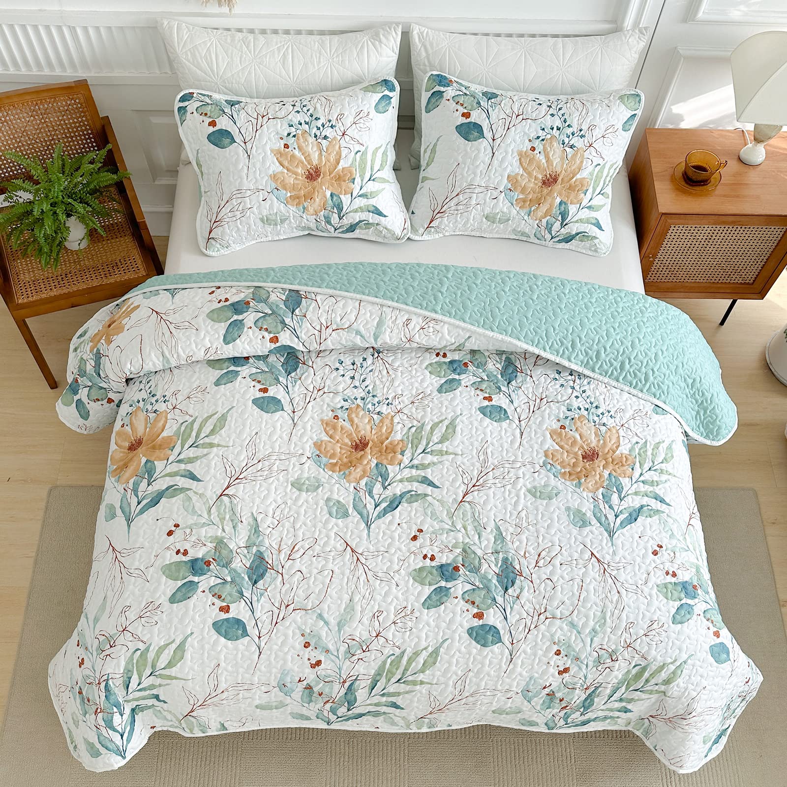 Set with Green Leaves Botanical Coverlet Bedspread