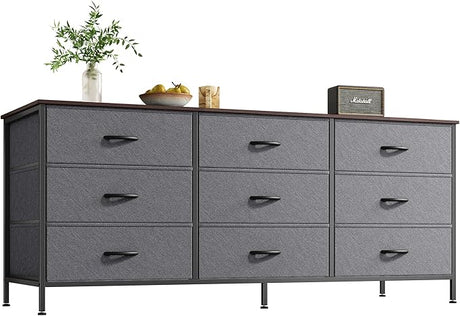 9 Drawer Dresser, 55 Inch Dresser TV Stand for 55, 60 Inch TV, Entertainment Center with Drawers, Large Storage Fabric Dresser for Bedroom, Closet, Rustic Brown