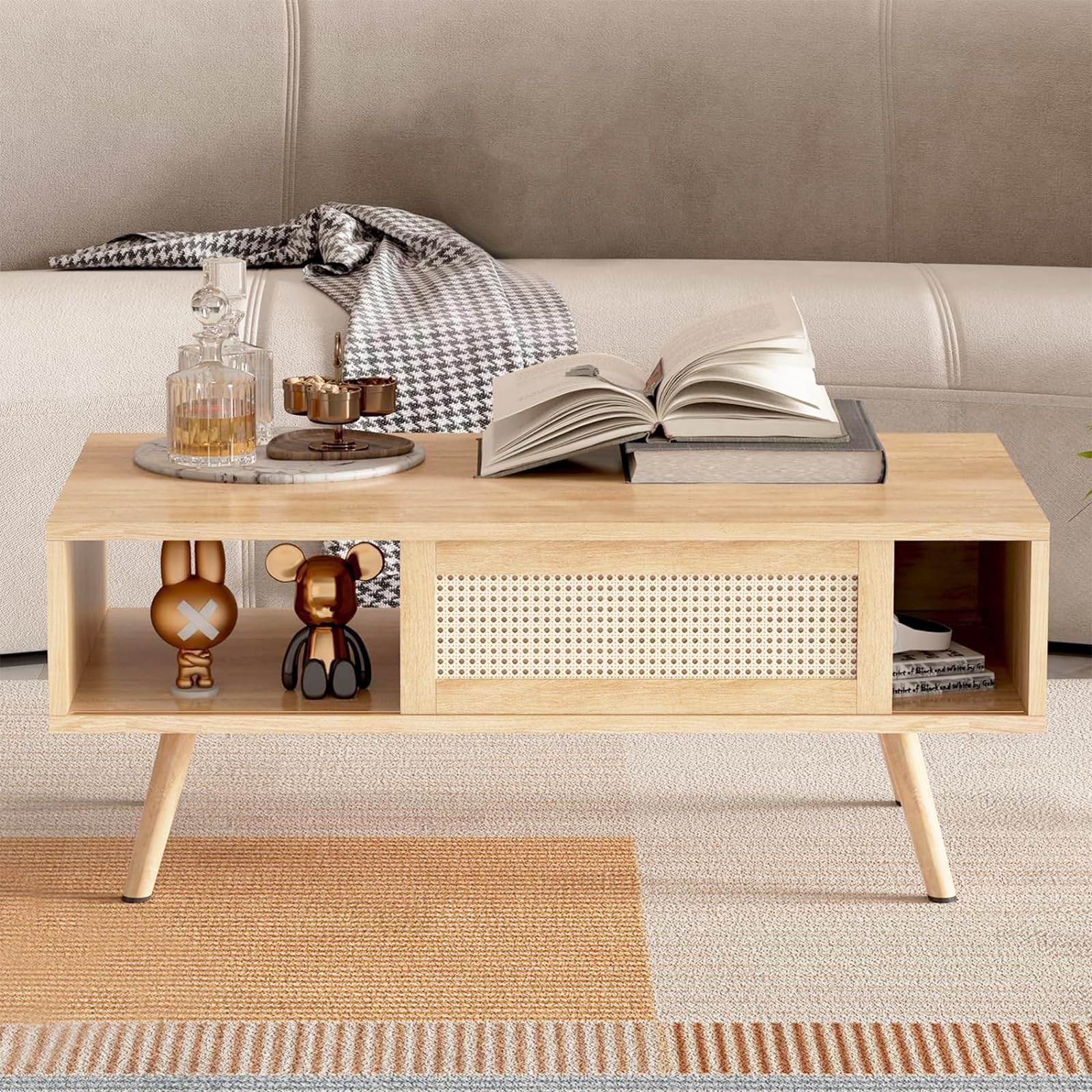 Mid Century Modern Coffee Table,Rattan Coffee Table with Sliding Woven Open Storage