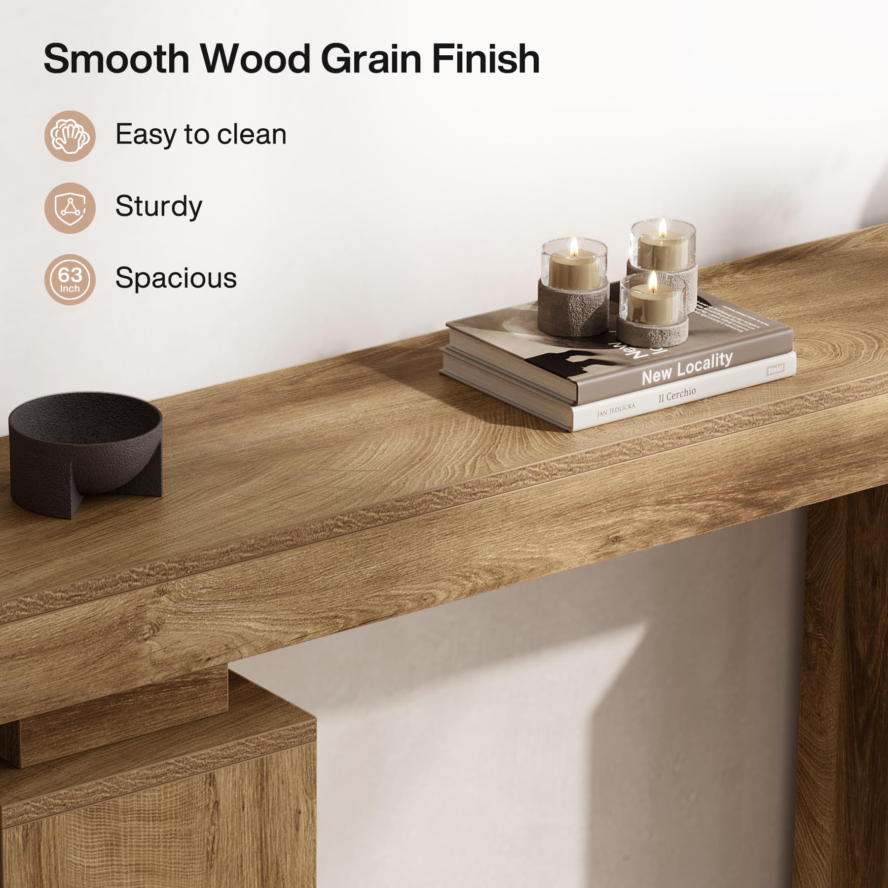 63-Inch Farmhouse Console Table - Natural Wood Finish