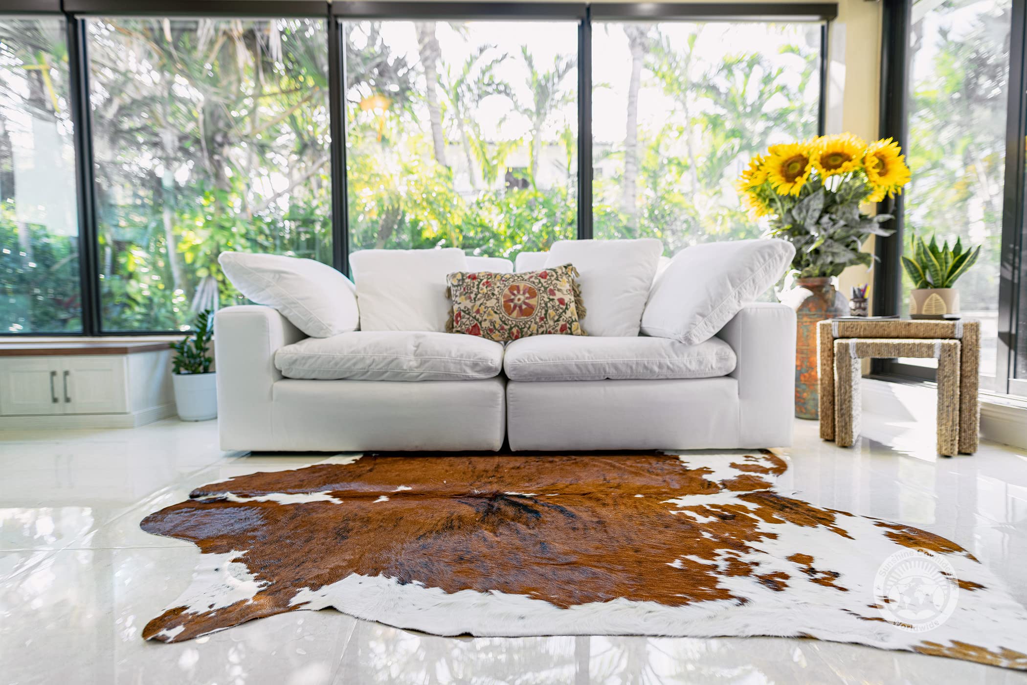 Genuine Cowhide Rug, Brindle Tricolor Carpet for Living Room, Bedroom, Nursery & More