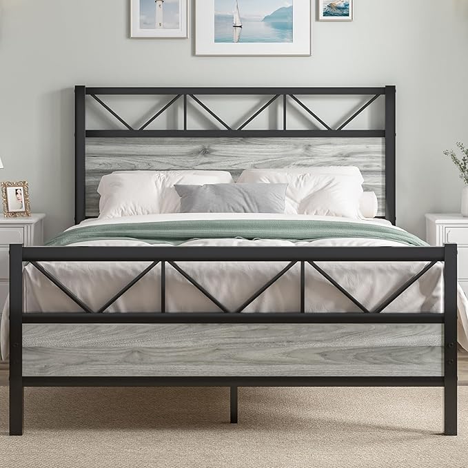 Full Size Bed Frame with 51" Tall Headboard, Industrial Platform Bed with Strong Metal