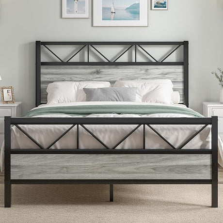 Full Size Bed Frame with 51" Tall Headboard, Industrial Platform Bed with Strong Metal