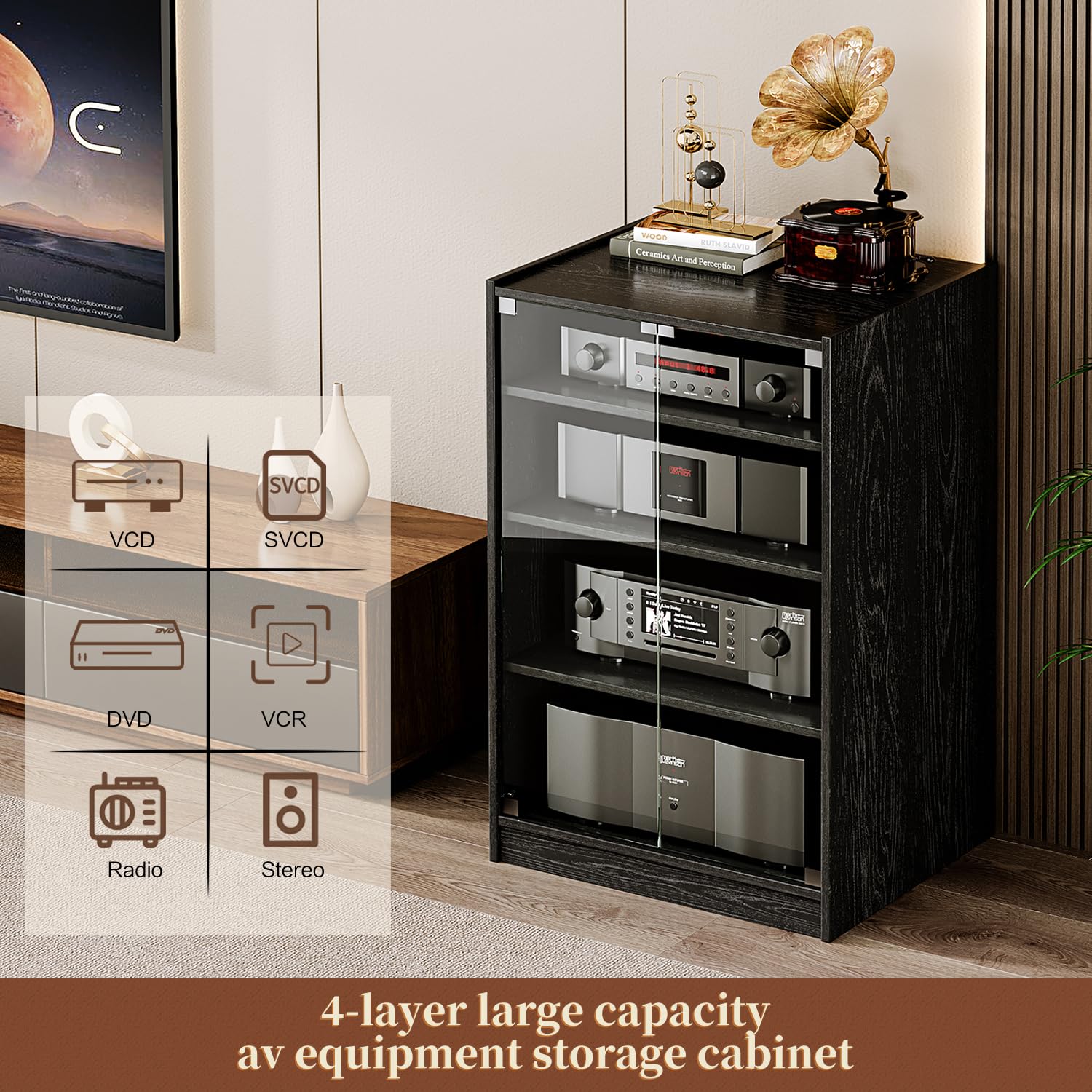 Modern Audio-Video Media Stand with 4 Height-Adjustable Shelves,AV Cabinet