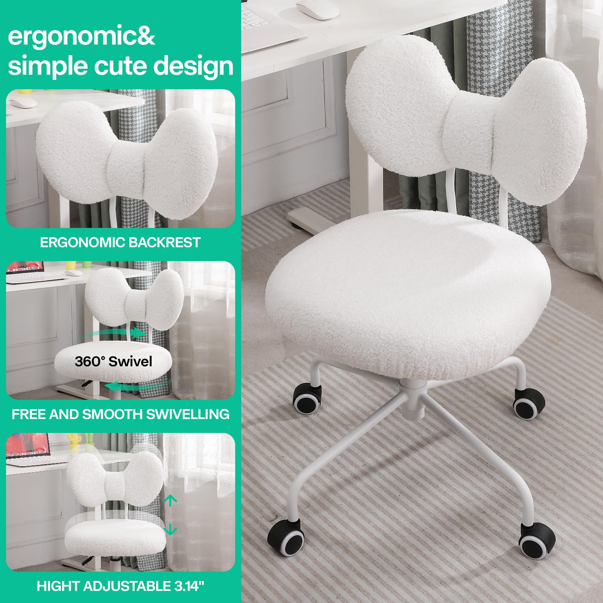 Armless Desk Chair with Wheels - Adjustable Swivel Office Chair