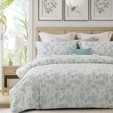 Comforter Queen Size, 600 Thread Count Cotton Blue Floral with Khaki