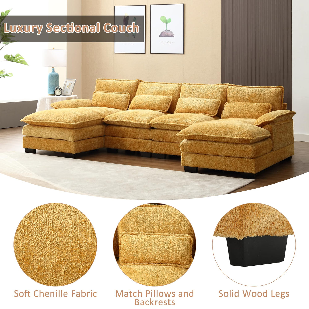 110" Sectional Sofa Cloud Couch for Living Room, Modern Chenille U Shaped Couch