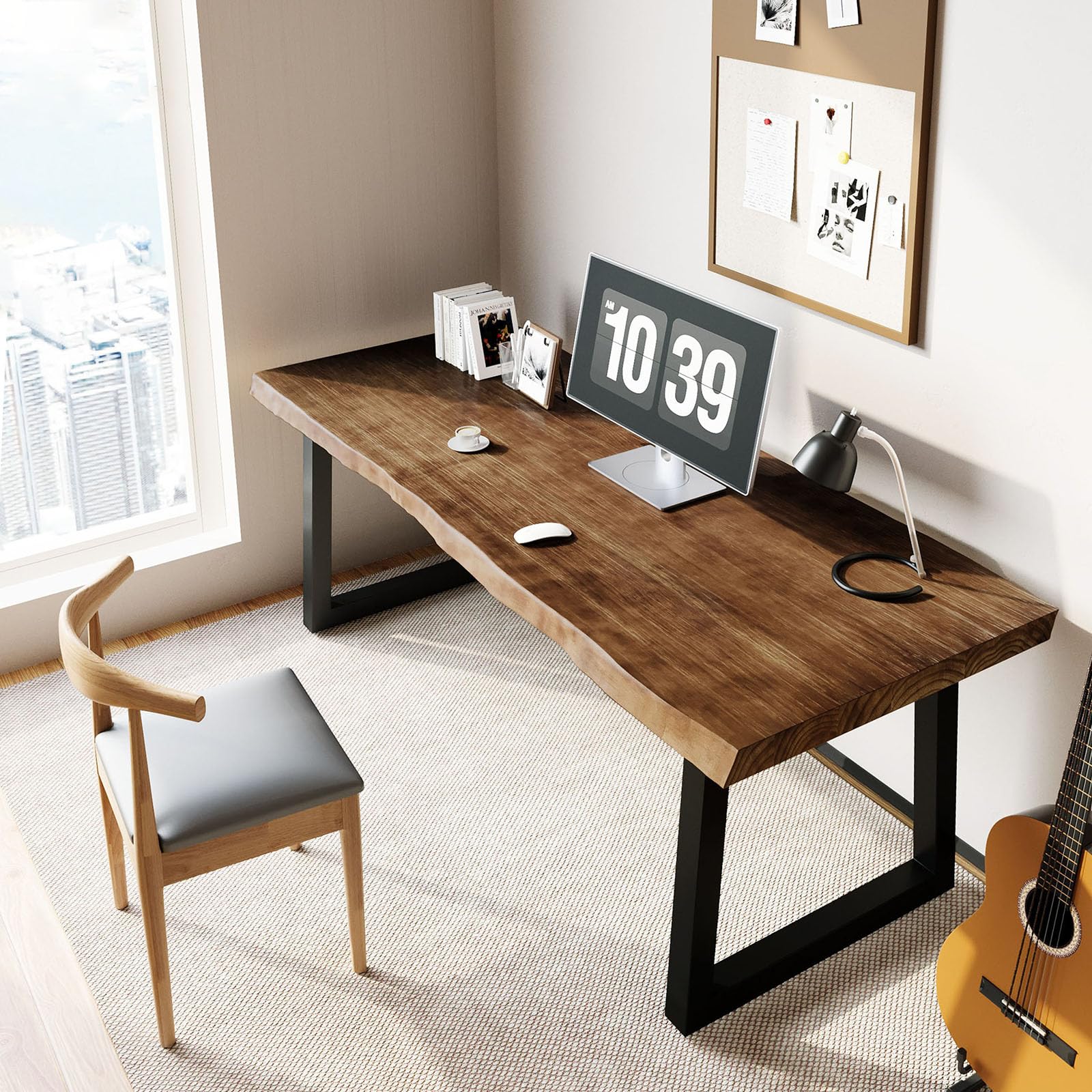 Solid Wood Computer Desk,Rustic Style 55-inch Large Office Desk- Modern Gaming