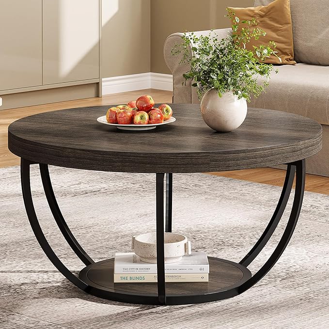 Round Coffee Table, 31.7" Wooden 2-Tier Circle Coffee Table with Storage Shelves