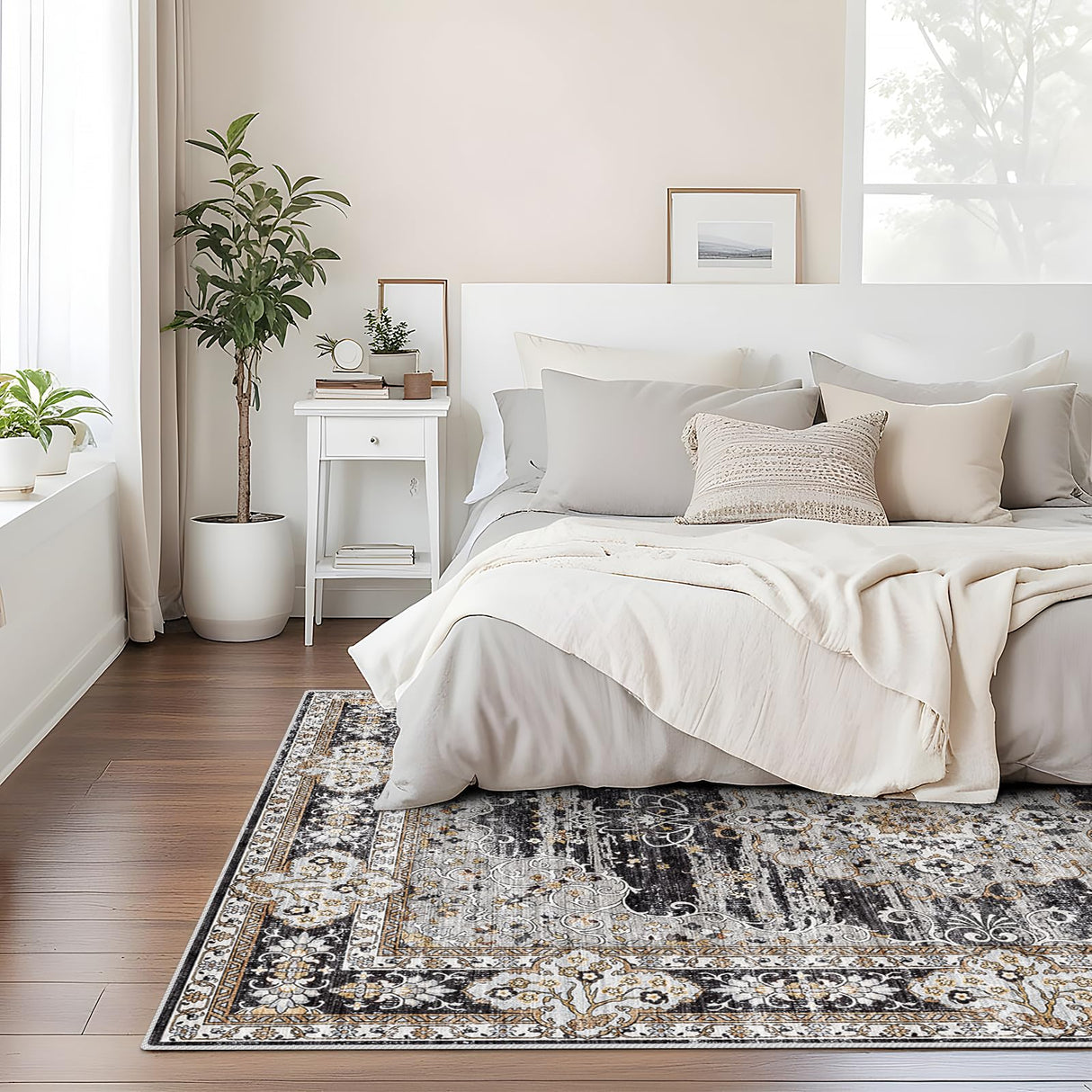 Puino 9x12 Washable Vintage Rug: Oriental Rugs for Living Room Non Slip Backing Stain Resistant Large Indoor Carpet for Bedroom Area Rug Dining Room Decor(Black,9x12FT)