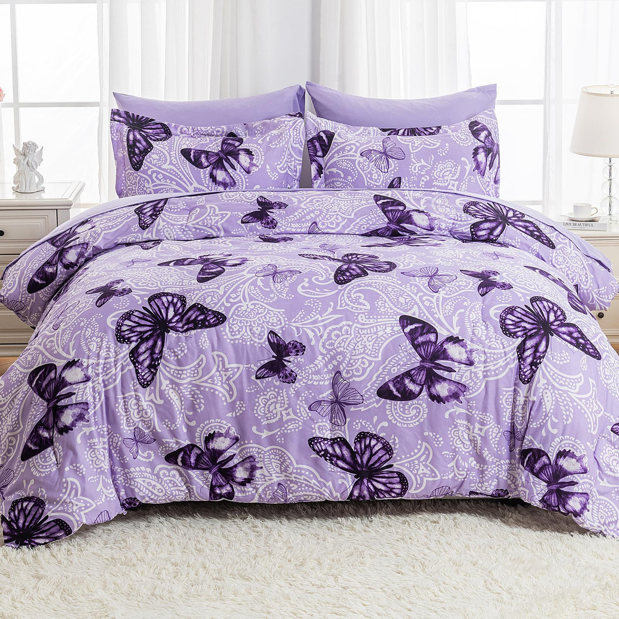 Bed in A Bag King Size 7 Pieces, Purple Paisley Butterfly Bedding Comforter Set All Season