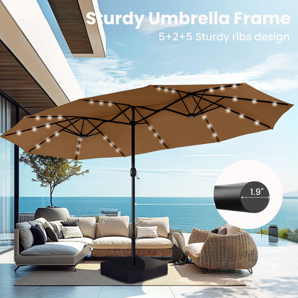 15ft Large Patio Umbrella with Solar Lights, Double-Sided Outdoor Market Rectangle Umbrellas with 36 LED Lights,