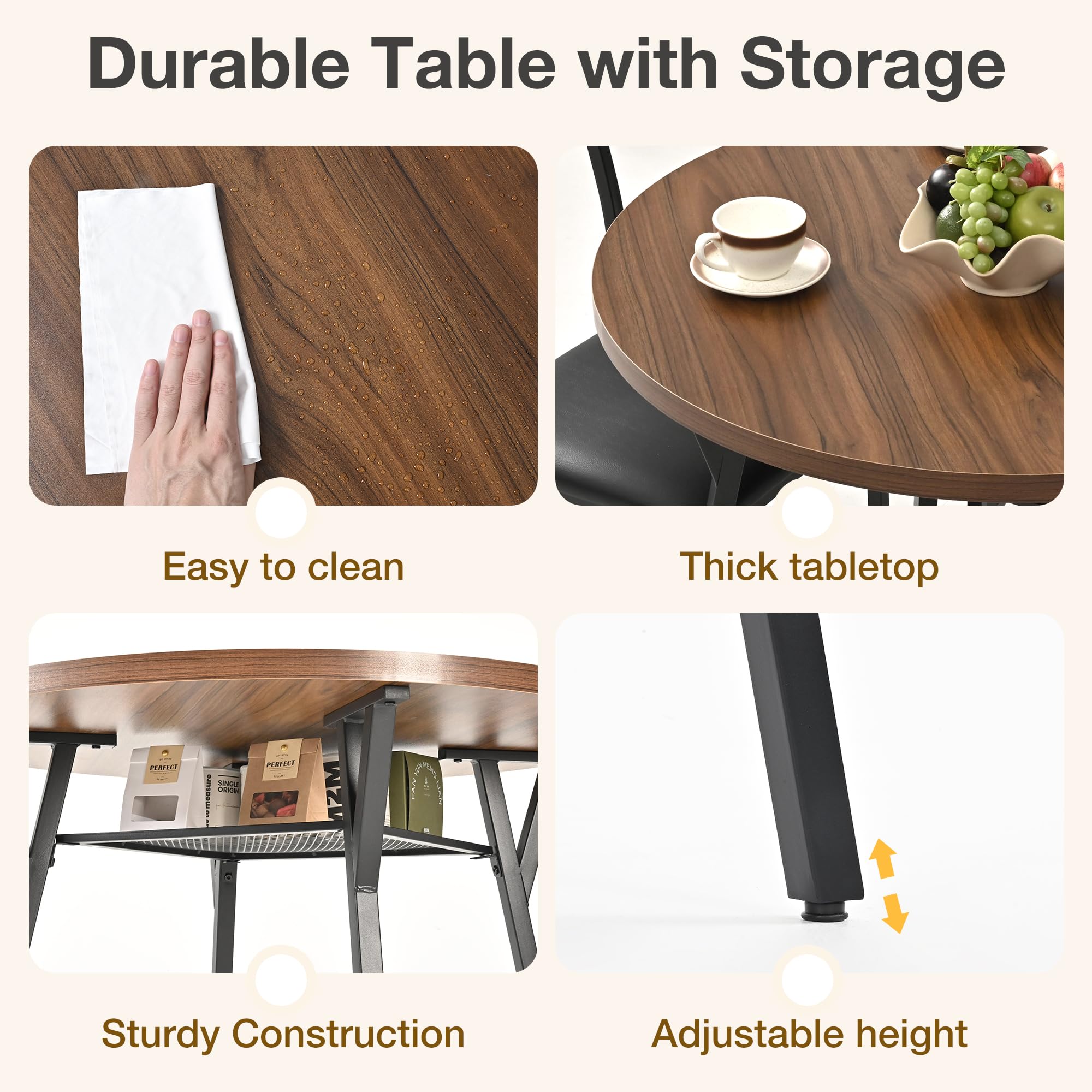 Round Dining Table Set for 4 with Pedestal Base - Walnut