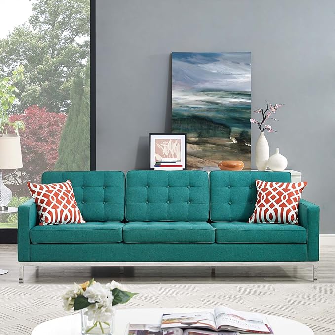 Loft Upholstered Fabric Mid-Century Modern Loveseat In Teal