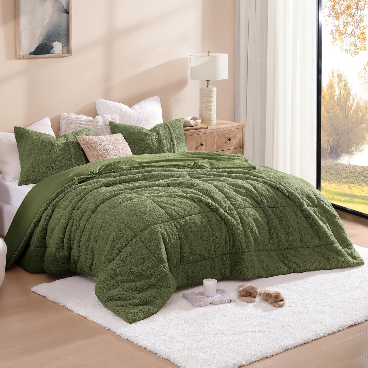 Queen Comforter Set, Olive Green Ultra Soft Fuzzy Sherpa Fleece Comforter, 3 Pieces