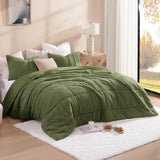 Queen Comforter Set, Olive Green Ultra Soft Fuzzy Sherpa Fleece Comforter, 3 Pieces