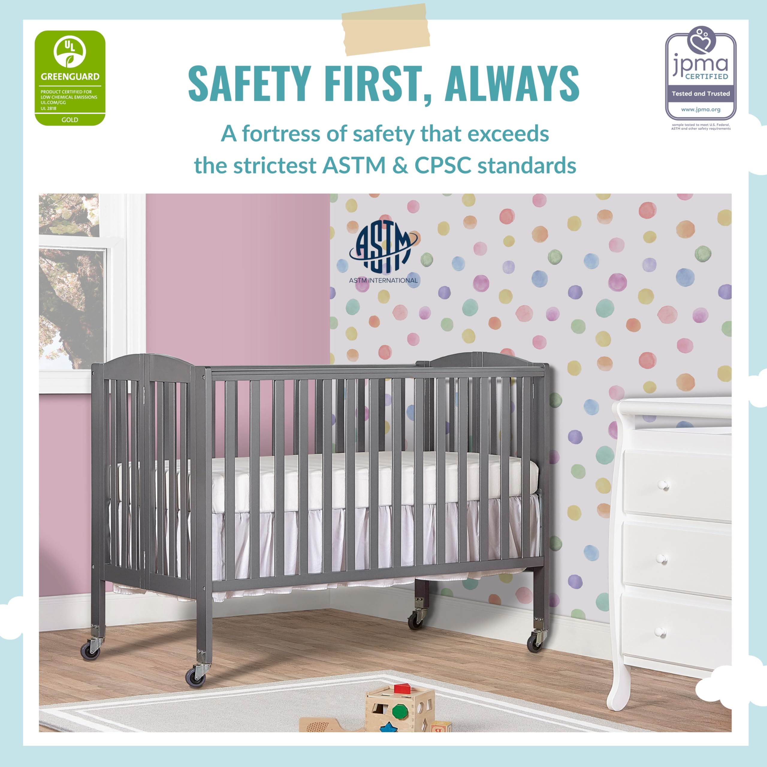 Folding Full Size Convenience Crib In Storm Grey, Two Adjustable Mattress