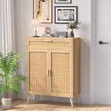 Accent Floor Storage Cabinet with Rattan Doors, Bathroom Cabinet with Large Drawer, Freestanding Storage Cabinet Organizer, Natural BMGZ107M