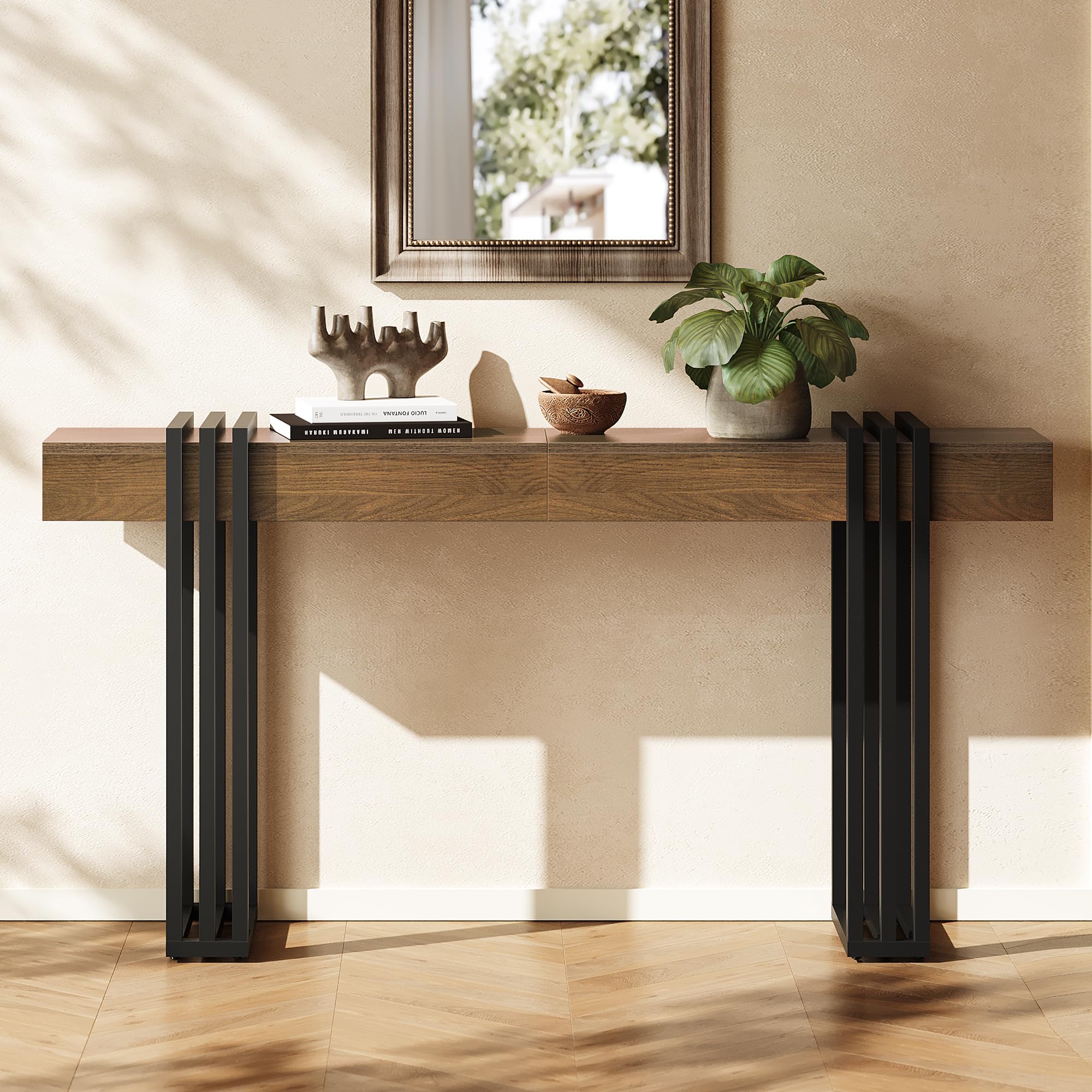 63" Console Table with Power Outlet - Walnut Wood Entryway Table